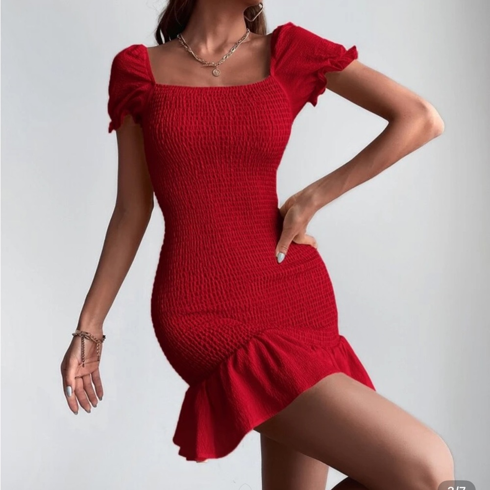 Red Smocked Ruffle Dress - Shein